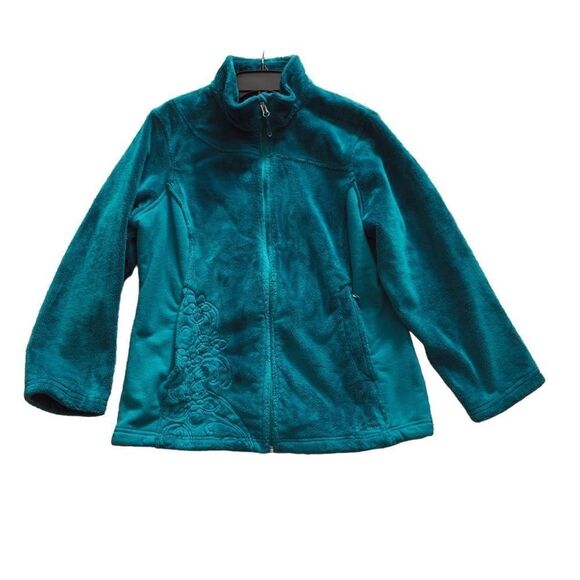 LL Bean Teal Green Fleece Full Zip Jacket Floral Front Pocket Size Medium - Picture 1 of 9